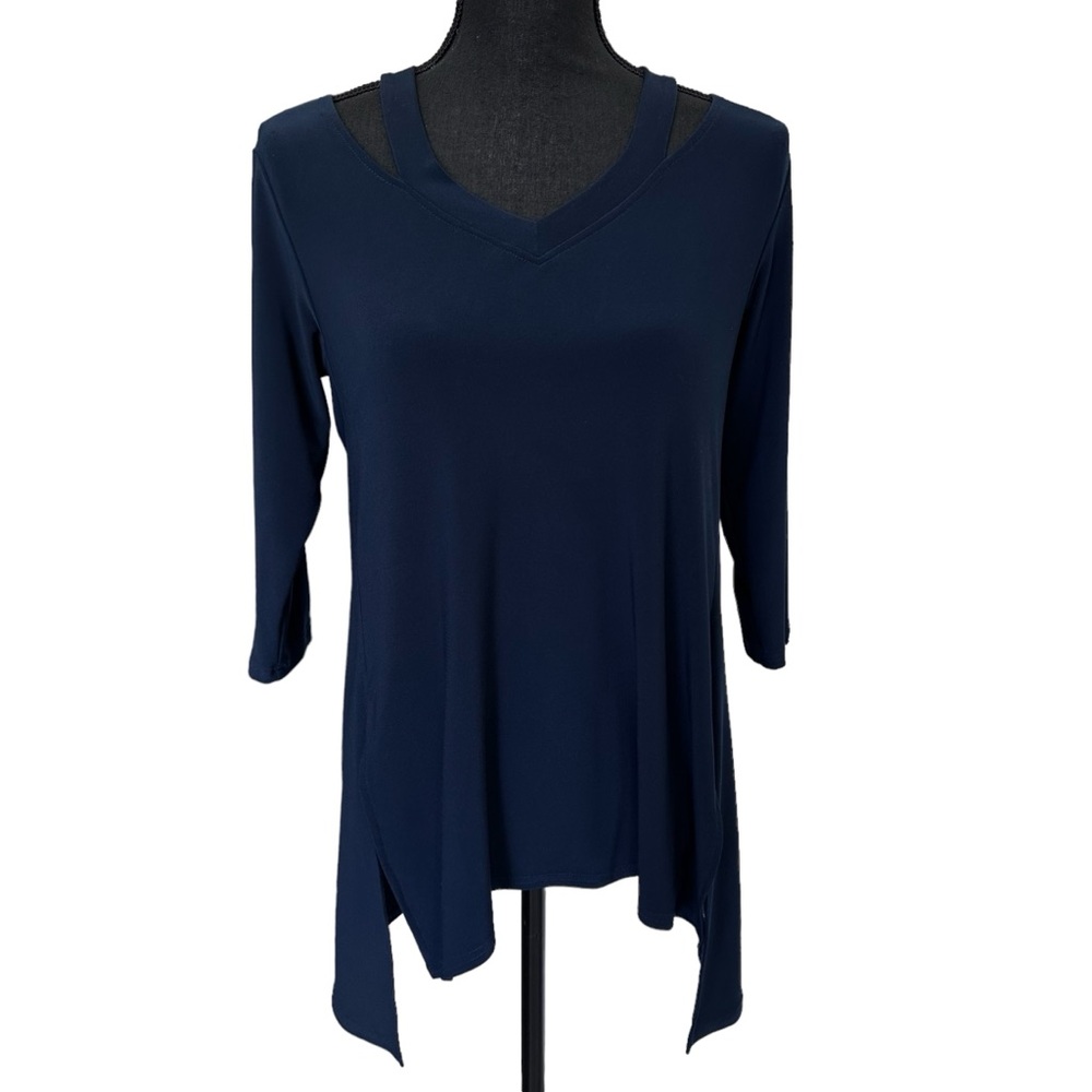 Sympli Navy Blue Size 4 Split Hem Asymmetrical Tunic Top 3/4 Sleeve Cut Out Neck